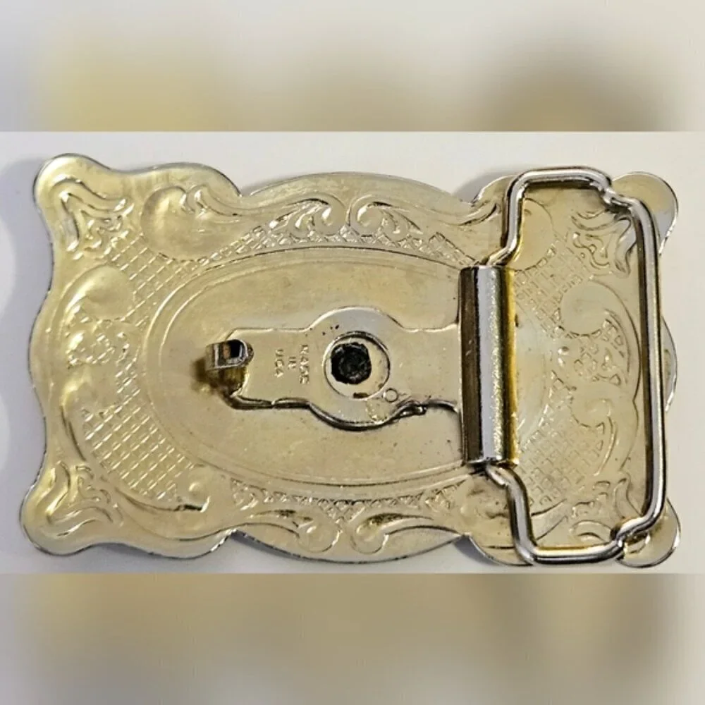 Vintage Western Saddle Belt Buckle Silver Tone Brass Cowboy Made in USA